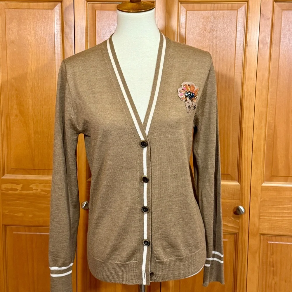 J Crew V Neck Cardigan Sweater with Floral Embellished Jewel Patch
